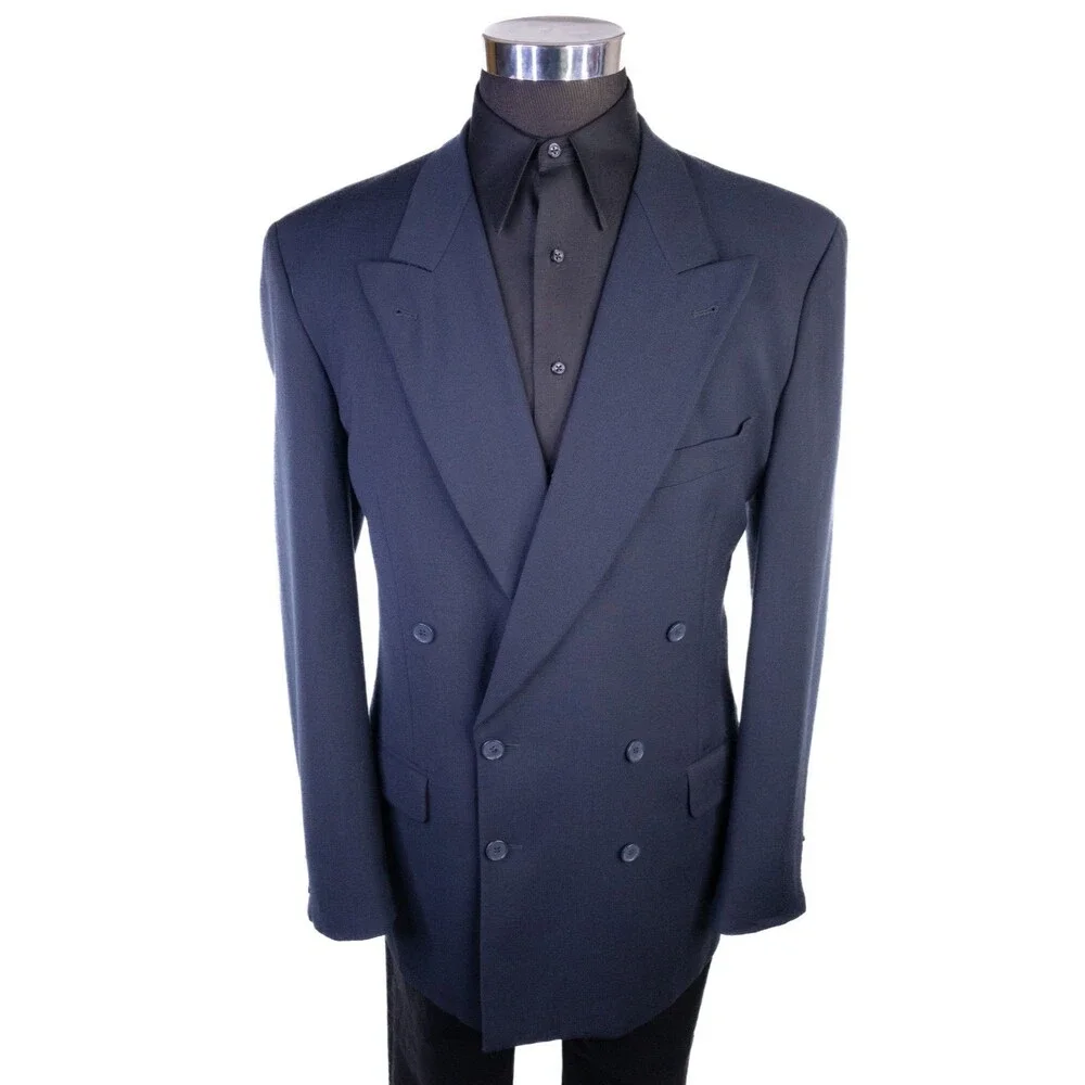 VTG Joseph Abboud Blazer 42L Navy Blue Wool Peak Lapel Double Breasted Made USA